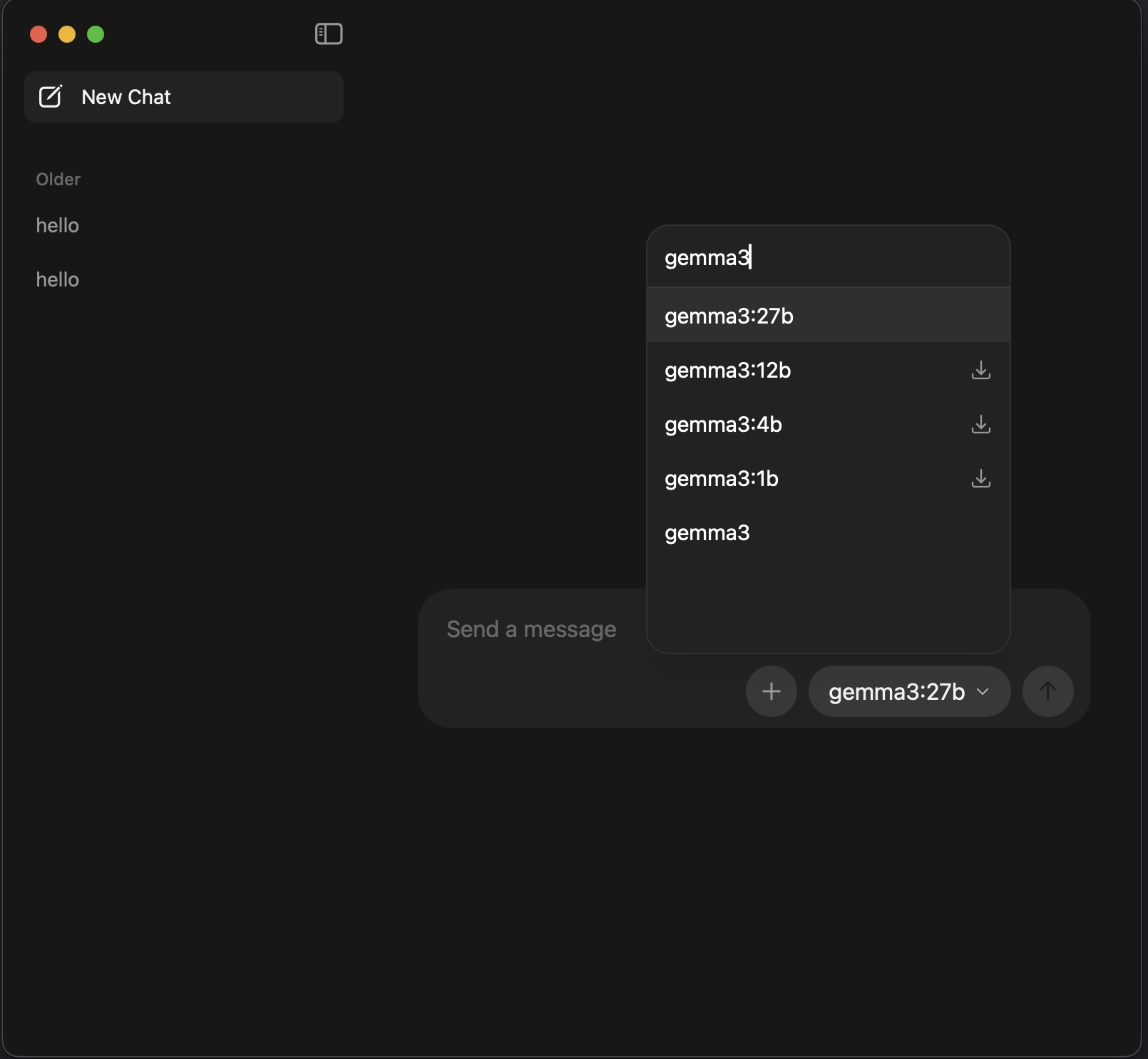 Ollama UI showing model selection with gemma3 variants